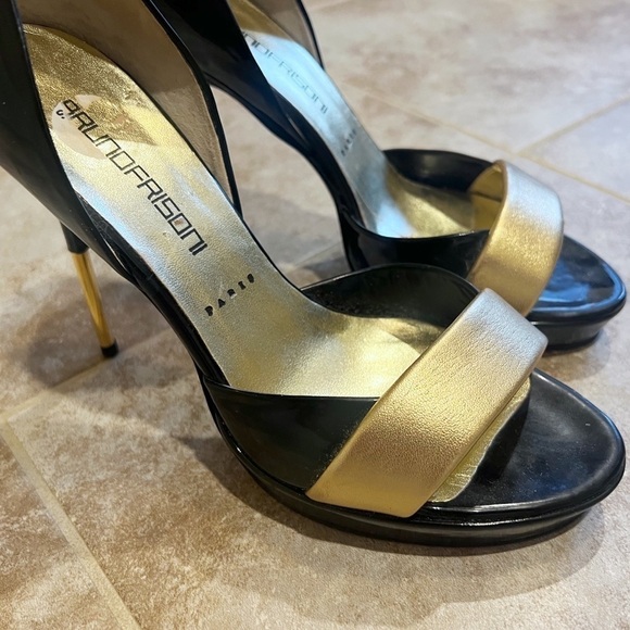 Bruno Frisoni d’orsay patent leather black & gold open toe stiletto heels 38 7.5 - Picture 3 of 10